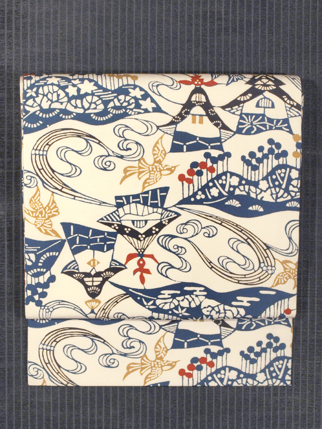 流水に里山と鳥文様 型染め 名古屋帯