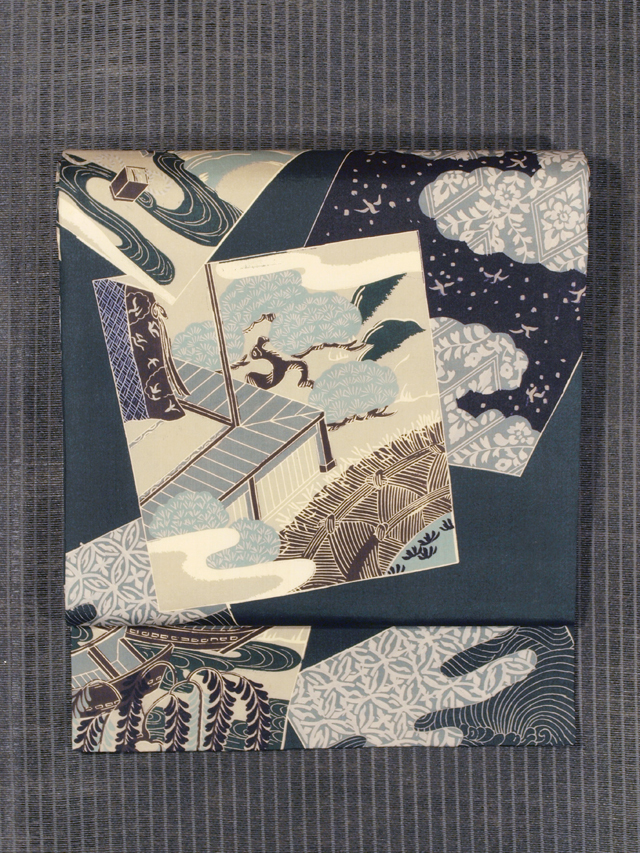 色紙に水辺文様 型染め 名古屋帯　