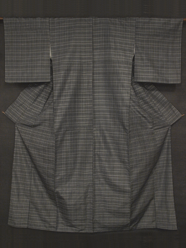 黒色地 格子縞文様 絣織 紬 袷