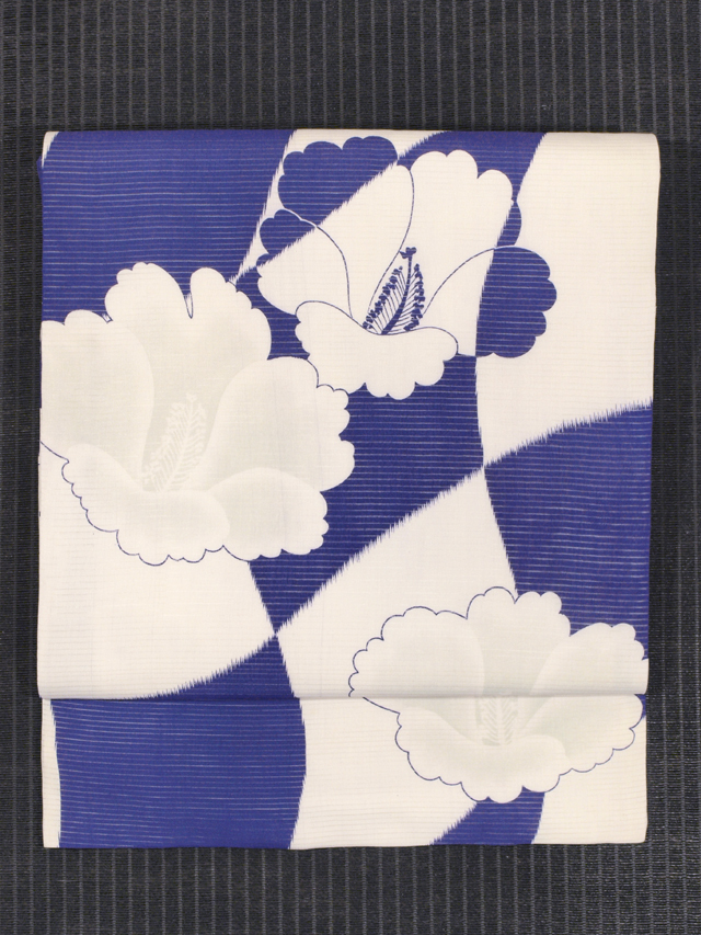 市松に芙蓉文様 型染め 絽 名古屋帯　