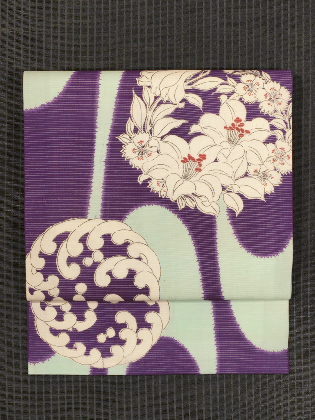 壺垂れに花丸と波丸文様 型染め 絽 名古屋帯　