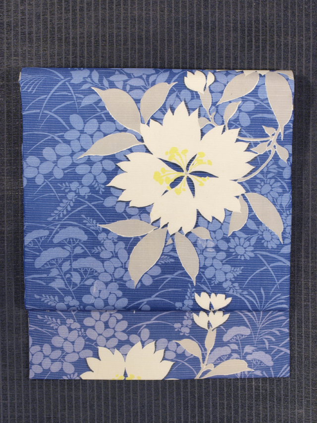 秋草に撫子文様 型染め 絽 名古屋帯　