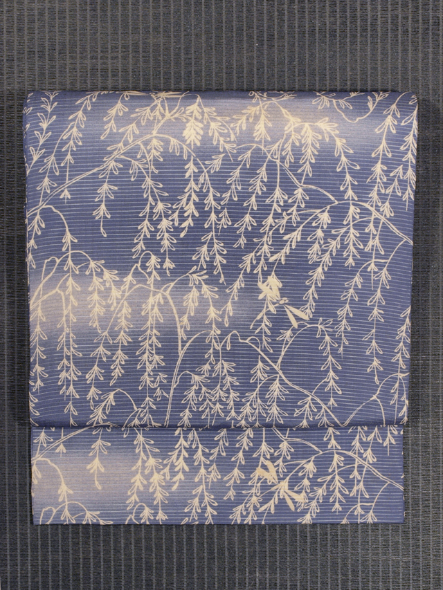 柳に蜻蛉文様 型染め 絽 名古屋帯　