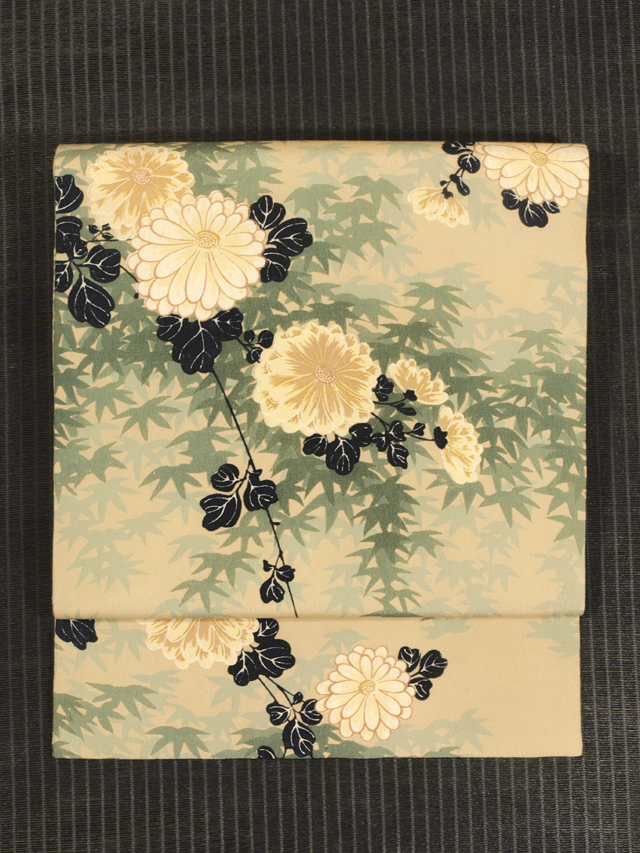 名古屋帯 繰り返せる 丸に花模様 梅 菊 紅葉 金通し 胡桃色 O-4173 