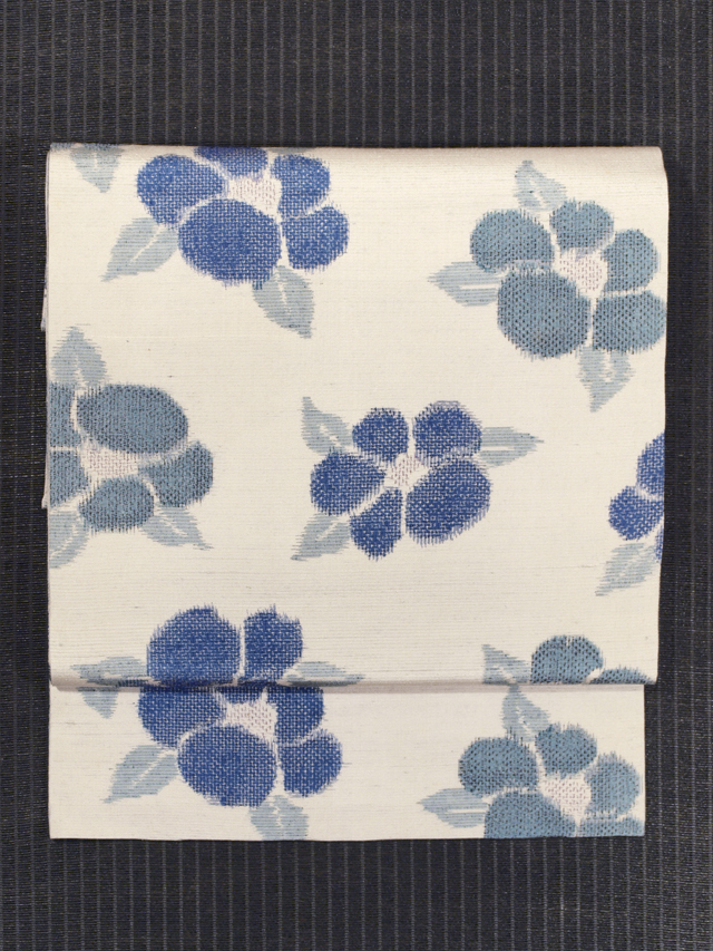 椿文様 絣織り 紬 名古屋帯