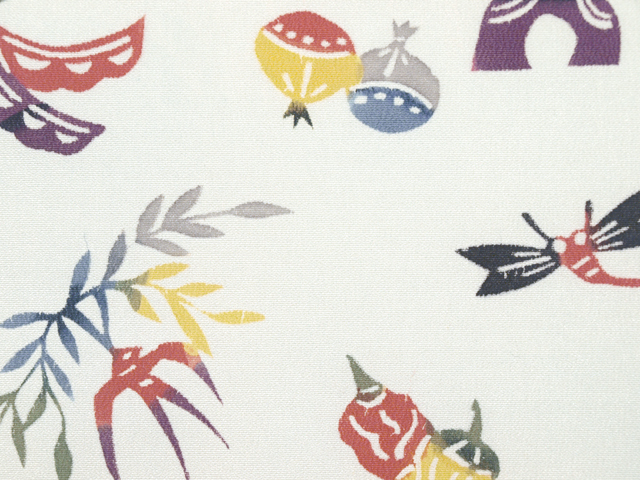 【名古屋帯】縮緬 型染め 野菜 魚模様 蕪　南瓜　茄子　蓮根　カジュアル 名古屋帯】縮緬 型染め 野菜 魚模様 蕪 南瓜 茄子 蓮根