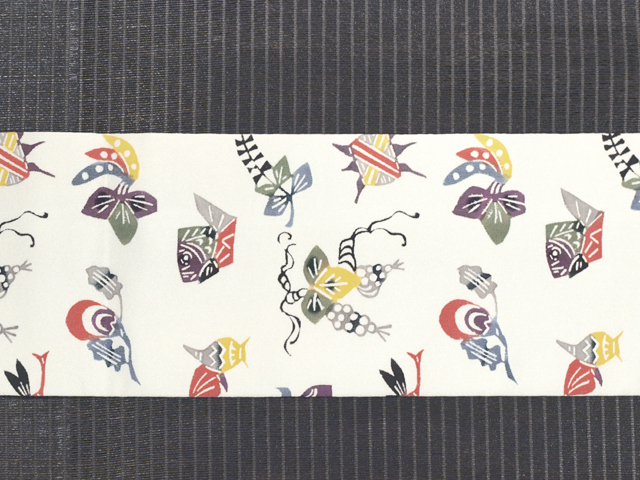 【名古屋帯】縮緬 型染め 野菜 魚模様 蕪　南瓜　茄子　蓮根　カジュアル 名古屋帯】縮緬 型染め 野菜 魚模様 蕪 南瓜 茄子 蓮根 カジュアル