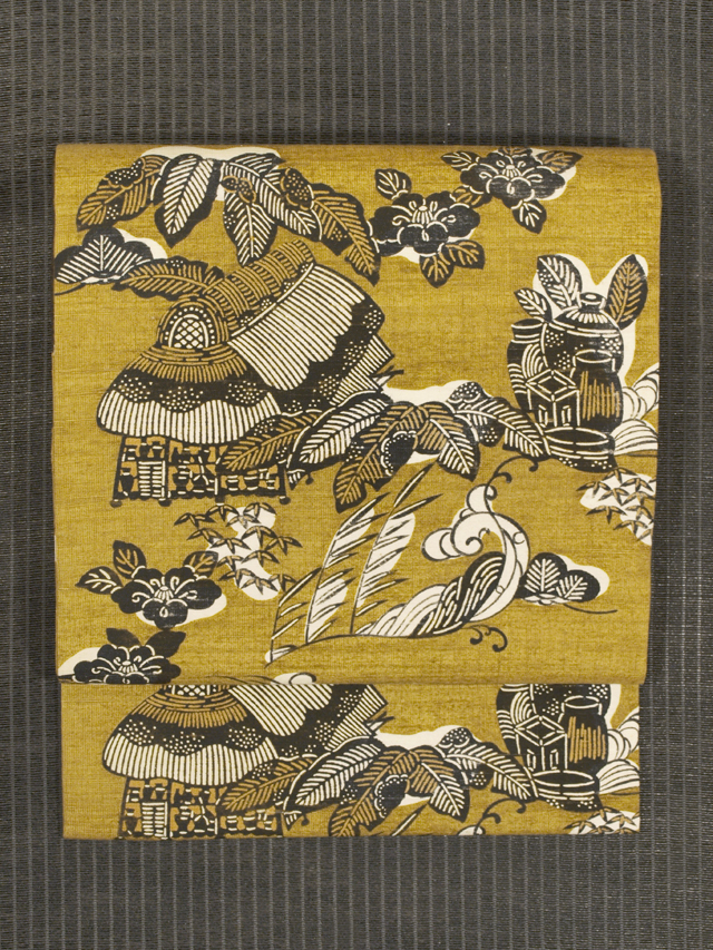 芹沢けい介作 壺屋風物文様 型絵染め 真綿紬 名古屋帯　