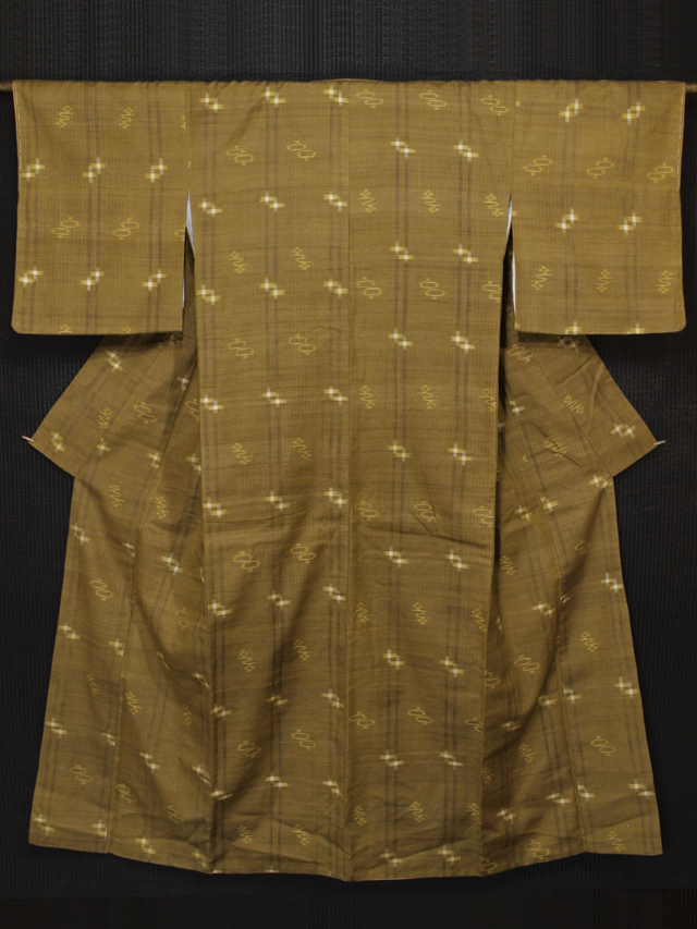 桑茶色 久米島紬 縦縞に絣文様 袷