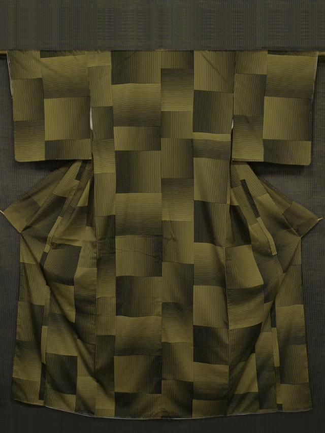 格子に縞文様 型染め 真綿紬 袷