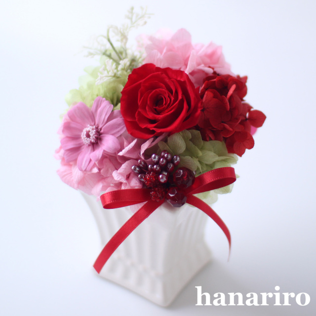 一点物 特注 大型 プリザーブドフラワー ピンク系 レッド系 イエロー系 3点 プリモ（赤ピンク系）/プリザーブドフラワー プリザーブド