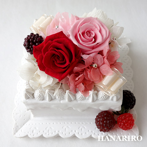 ケーキアレンジ（赤ピンク）（クリアケース入）/プリザーブドフラワー【送料無料】
