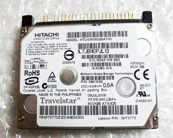 新品日立製1.8”HDD60GB HTC426060 G9AT00