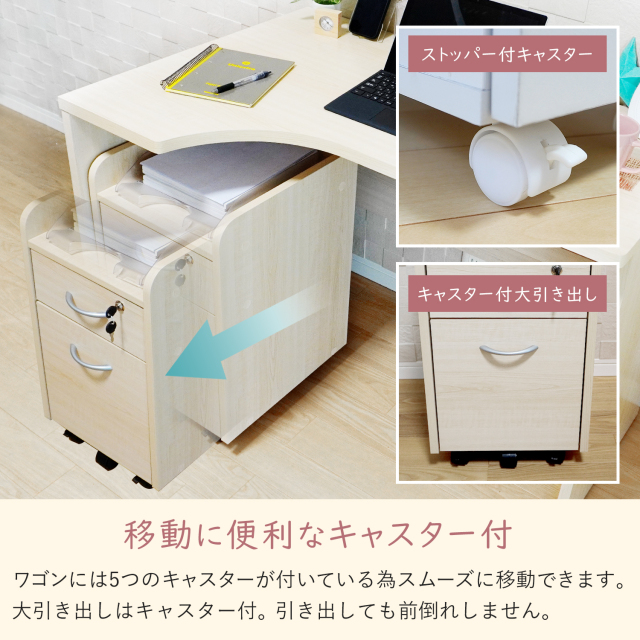 デスク用ワゴン 幅34cm キャスター付 鍵付 引き出し2杯 引き出し デスク用ワゴン 幅34cm キャスター付 鍵付 引き出し2杯 引き出し