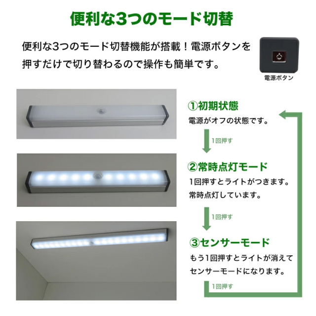 2個セット］リチウムバッテリーLED ワイヤレスセンサーライト 長さ