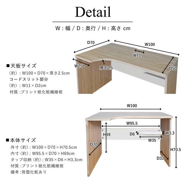 ワイドデスク 幅100cm L字 コンパクト タップ収納 コーナーデスク