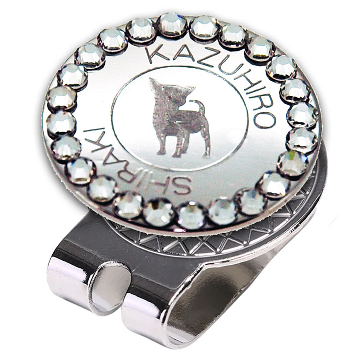 名入れ ゴルフマーカー 【チワワ シルエット】 ガラス製ラインストーン マグネット入ハットクリップ付