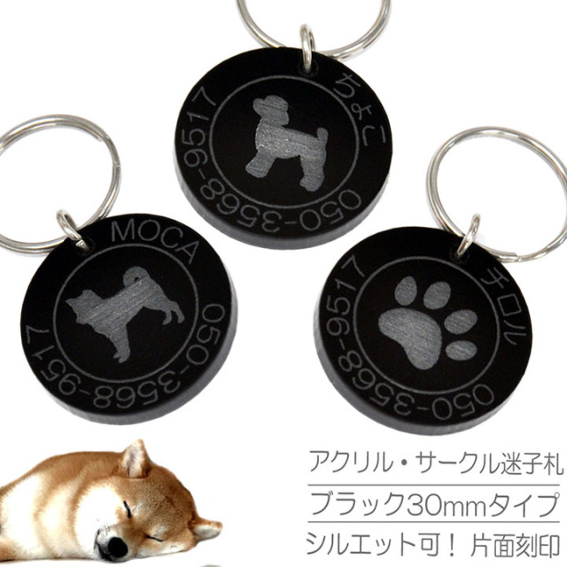 迷子札 犬 アクリル サークル ブラックタイプ（30mm）ペット ドッグ ネーム タグ 愛犬用に まいごふだ