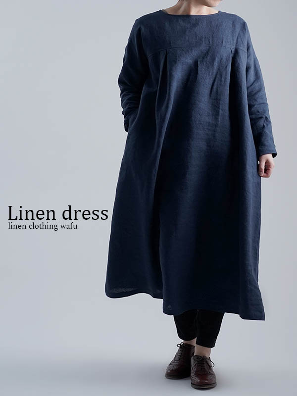 【wafu入門編】Linen Dress タック ワンピース / ネイビー a011d-neb2