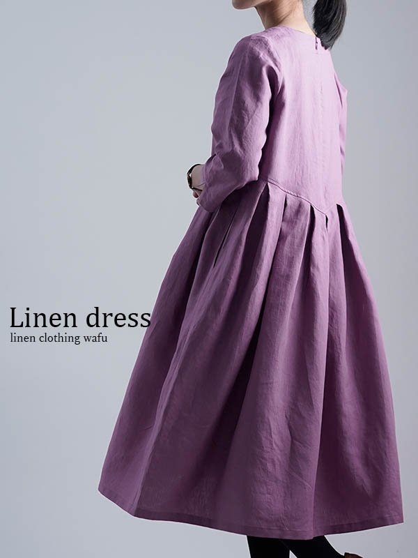 【wafu】Linen Dress 鍵盤タックワンピース 超高密リネン / 藤色(ふじいろ) a013r-fji1