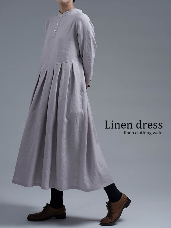 【wafu】Linen Dress スタンドカラー 鍵盤タック ワンピース / 灰桜(はいざくら) a013u-hzk1