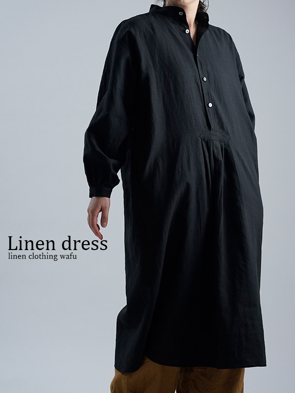 【wafu】Linen Dress 超高密度リネン / 黒色 a018d-bck1