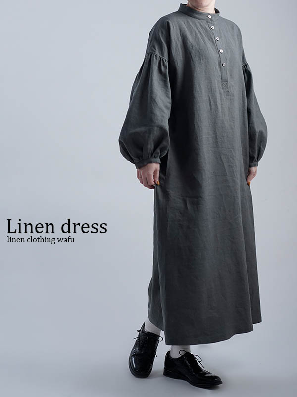 ※生産終了※Linen dress ランタンスリーブワンピース ／ フォレッジグリーン a018e-fgg1