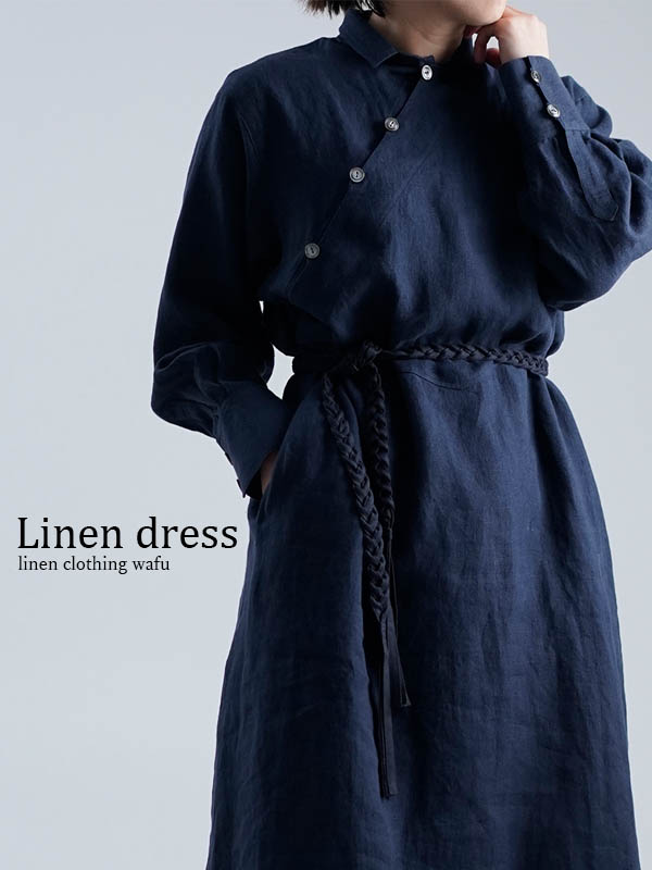 【wafu】Linen Dress ちび襟 ロング丈 ワンピース / ネイビー a028h-neb2
