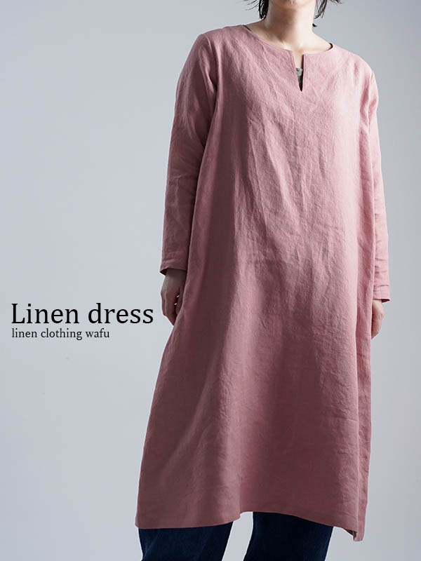 【wafu 入門編】Linen Dress スリットネックワンピース / 浅緋色(あさあけいろ) a046c-asa2