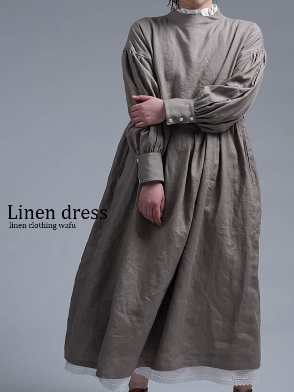 【wafu】Linen Dress　レイズド・ネックライン ワンピース / 空五倍子色(うつぶしいろ) a048f-ubs1