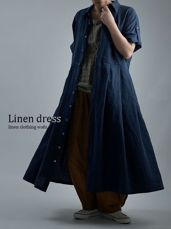 Linen Dress 2wey ワンピース アウターにも / 留紺(とめこん) a064a-tmk1