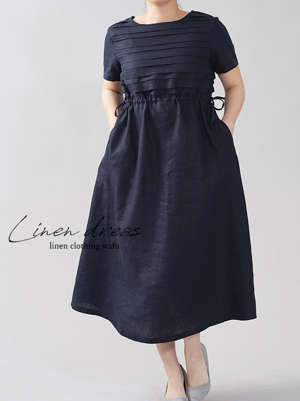 中厚 リネンボーダーピンタック リネンワンピース  ウエスト ブラウジング ドレス 半袖 丸首 Aライン ネイビー a081s-neb2