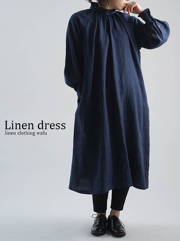 【wafu】Linen Dress  フリルネックドレス / 留紺(とめこん) a088a-tmk1