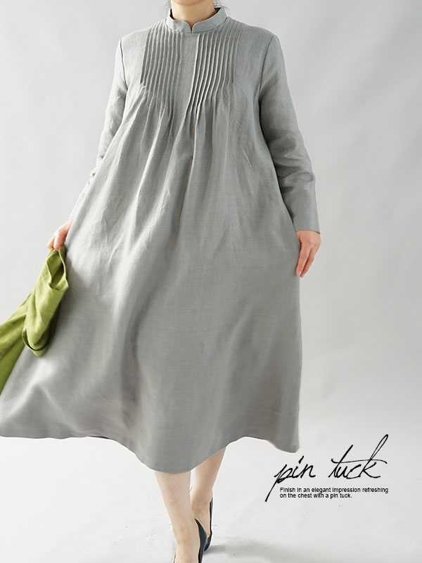 厚地リネンワンピース ピンタック スタンドカラー ヨーロピアンクラシック 背中ファスナー / グレー