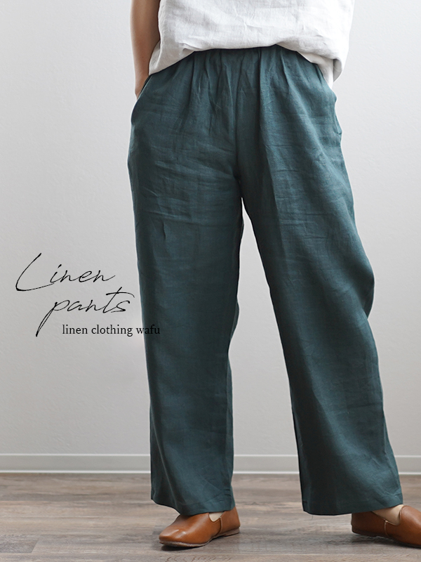 ※生産終了※薄地 雅亜麻 リネン パンツ リラックスパンツ ボトムス ウエストゴム ポケットあり/高麗納戸(こうらいなんど) b001a-kou1