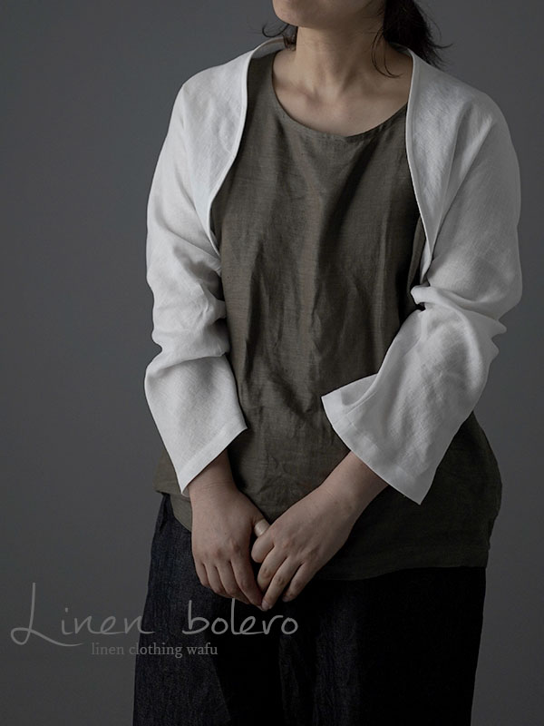 ※生産終了※リネン ボレロ ベルスリーブ マーガレット アウター 羽織 長袖 短い丈 UV対策にも　中厚/ホワイト h006a-wht1
