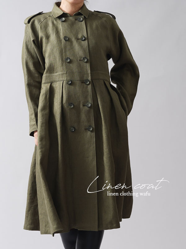 【wafu premium linen】リネン トレンチコートワンピース 2way 羽織にもワンピースにも/カーキ【free】h016a-olv2