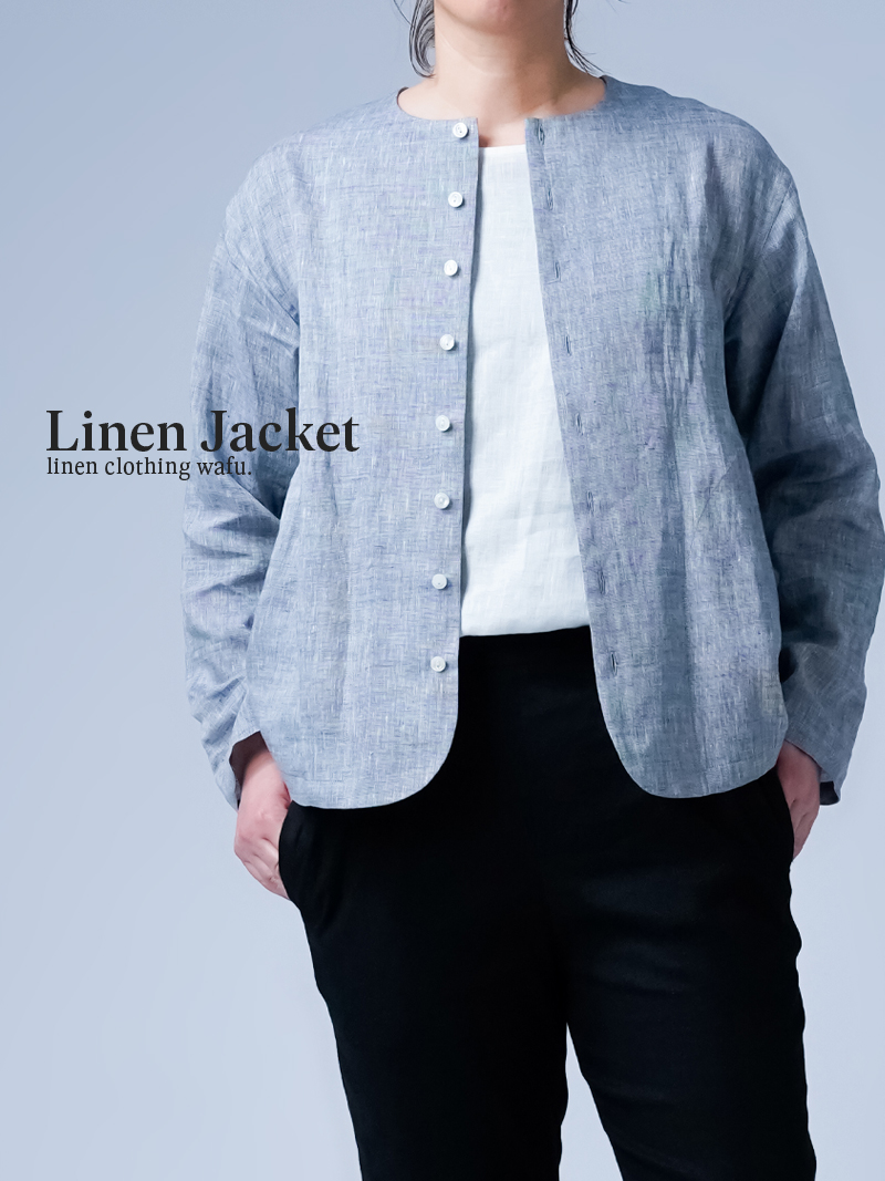 ※生産終了※【リネンジャケット】首があきすぎない リネンシャンブレー サマージャケット ／ ネイビー h055a-neb1