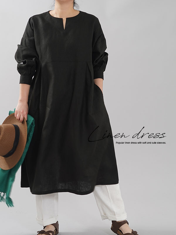 リネンワンピース 長袖の商品一覧 薄地から厚地まで多様な厚みのリネン取り揃えています Wafu
