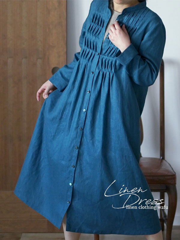 オールシーズン大活躍 長袖リネンワンピース 薄地から厚地まで多様な厚みのリネン取り揃えています Wafu