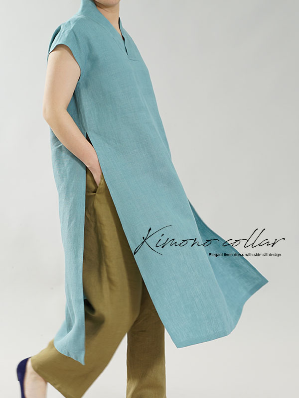 中厚 リネン ワンピース 禅 着物襟 重ね着 フレンチスリーブ サイドスリット リラックス ドレス 先染め 白群 びゃくぐん M L A084c Byg2