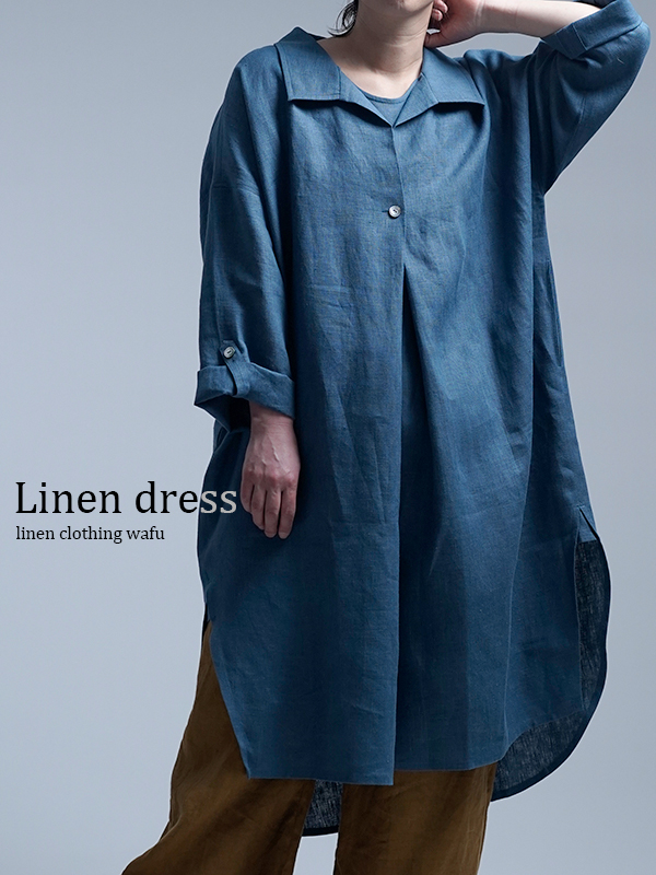 Linen Dress 重ね着風 ロールアップ / ブルーパッセ a085a-bps2
