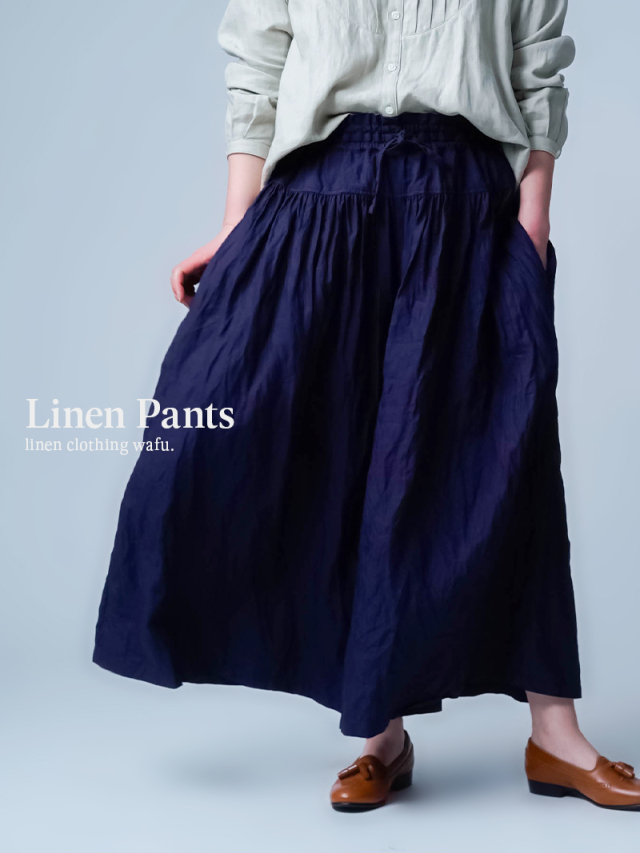 3/31.12時~受注開始!【リネンパンツ】拍手を送りたい肌ざわり。高密度リネン ギャザー切替ワイドパンツ/ 黒紅色 b003r-kbi1