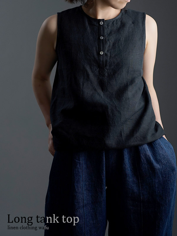 【wafu】雅亜麻  Linen Top   ヘンリーネック   ロング丈   インナーとしても / 黒色 p011a-bck1