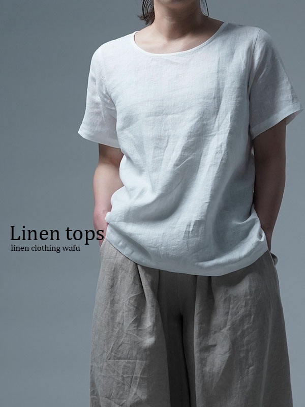 【wafu】ふわっと 軽くやさしい 雅亜麻 Linen Top リネンTシャツ インナー にも / 白色 p015a-wht1