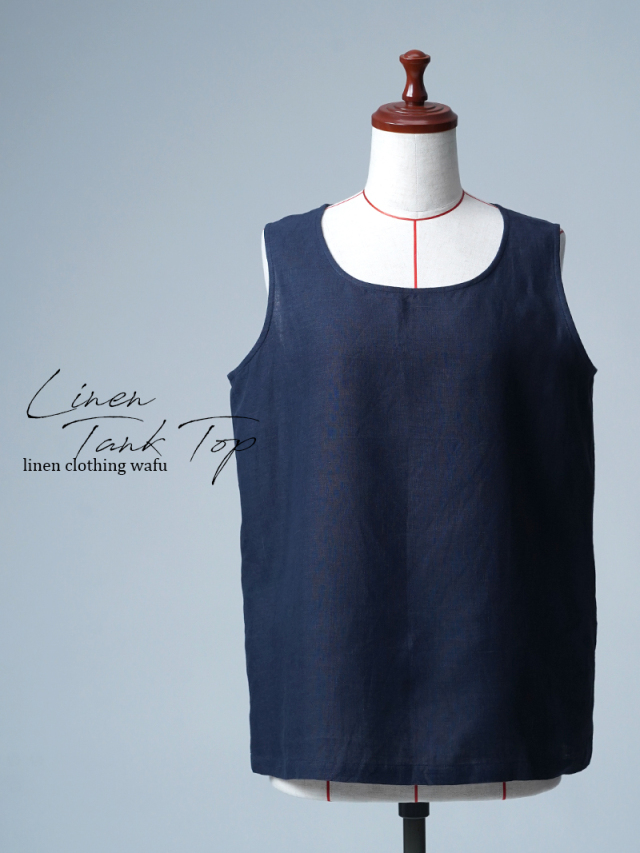 【リユース作品】リネンタンクトップ ノースリーブインナー  / 紺青(こんじょう) sample-a1170