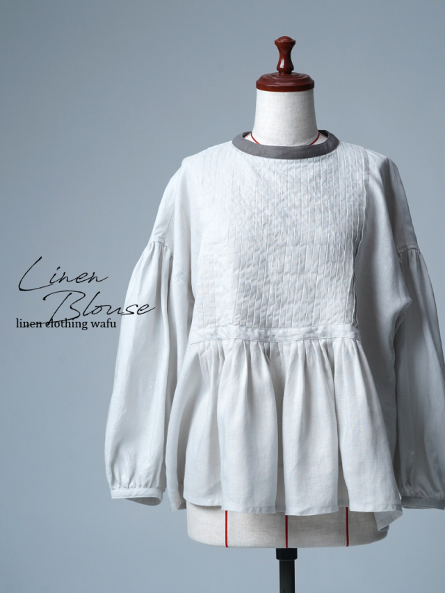 【リユース作品】リネンブラウス ピンタック ブラウス / 白花色/鈍色 sample-a1181