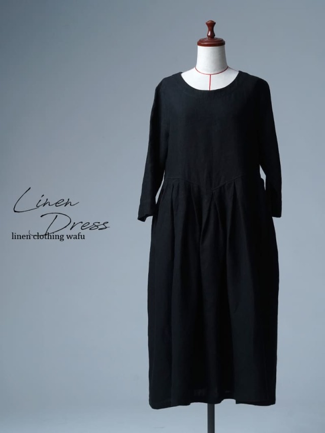 【リユース作品】リネンワンピース 鍵盤タックドレス / 黒色 sample-a1265