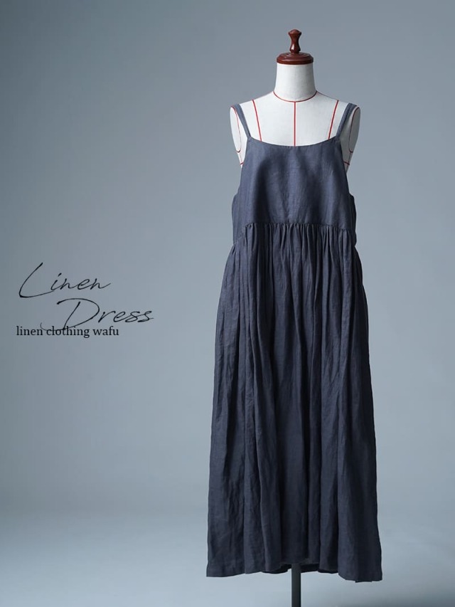 【リユース作品/Ｍサイズ】リネンワンピース リネンキャミワンピ / 墨色(すみいろ)  sample-a1279