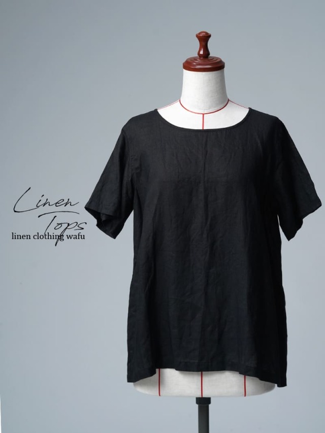 【リユース作品/Ｌサイズ】リネントップス 半袖 丸首 トップス / 黒色 sample-a1303